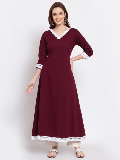 Women's Burgandy Printed Cotton Full Sleeve V Neck Casual Kurta Dupatta Set