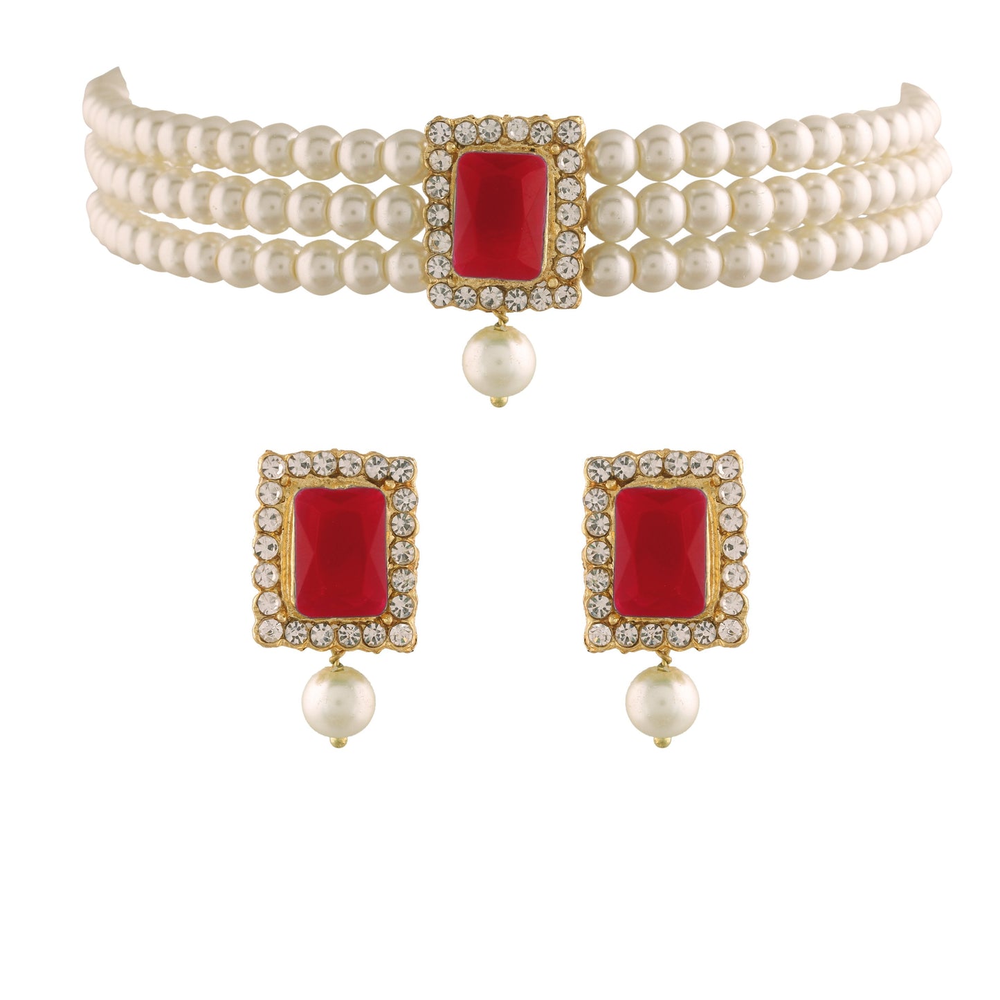 Women's  Gold Plated Traditional Handcrafted Red Stone Studded Pearl Choker Necklace Jewellery Set With Earrings