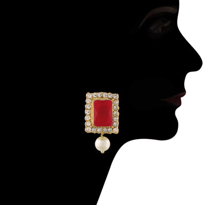 Women's  Gold Plated Traditional Handcrafted Red Stone Studded Pearl Choker Necklace Jewellery Set With Earrings