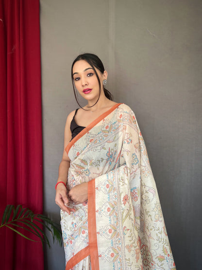 Women's Orange Cotton Katha Printed Saree