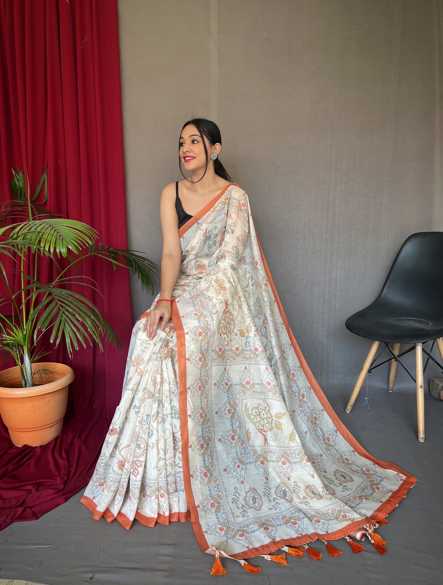 Women's Orange Cotton Katha Printed Saree