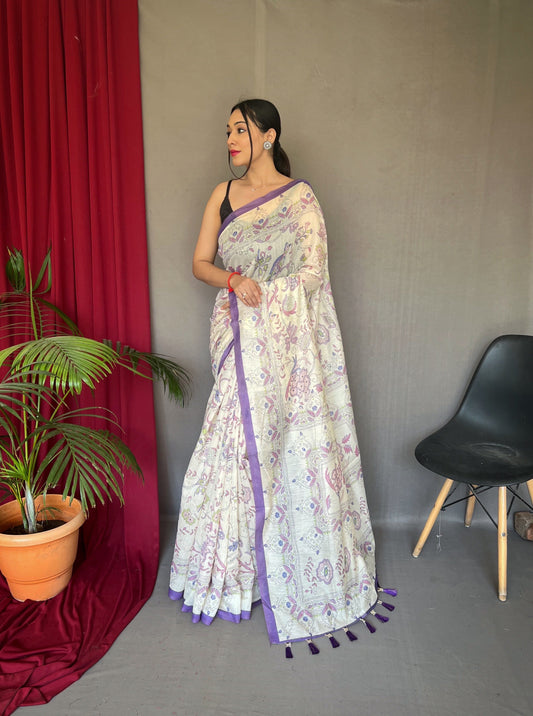 Women's Purple Cotton Katha Printed Saree