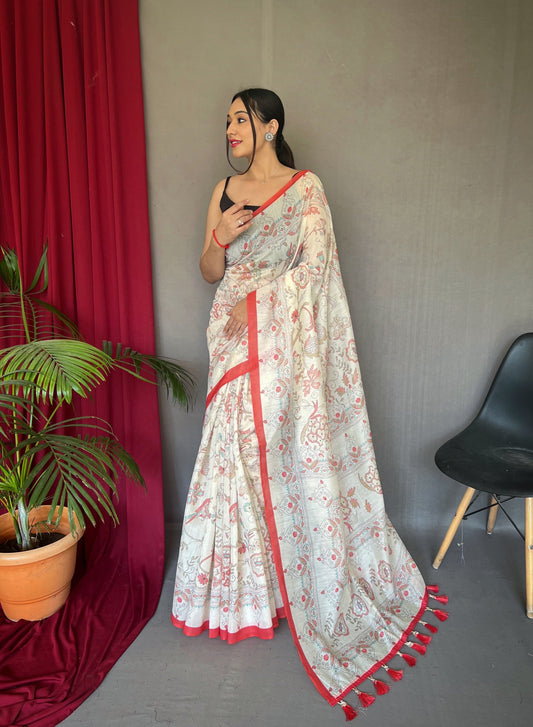 Women's Red Cotton Katha Printed Saree