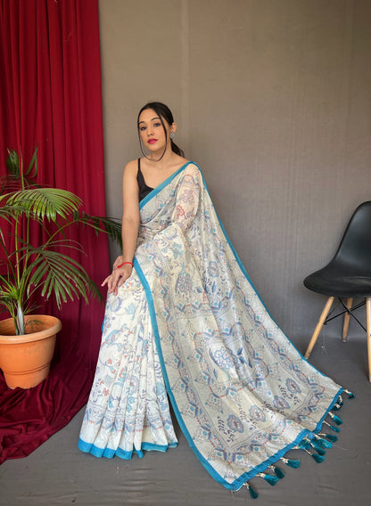 Women's Blue Cotton Katha Printed Saree
