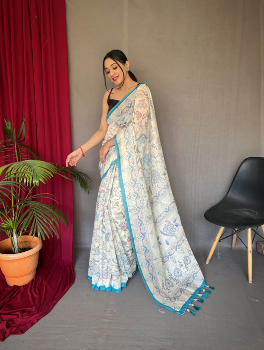 Women's Blue Cotton Katha Printed Saree