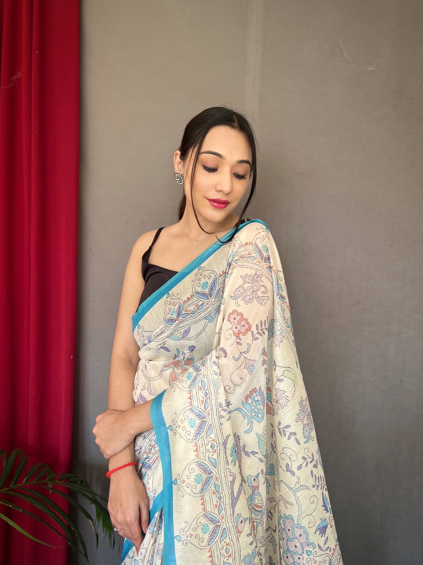 Women's Blue Cotton Katha Printed Saree