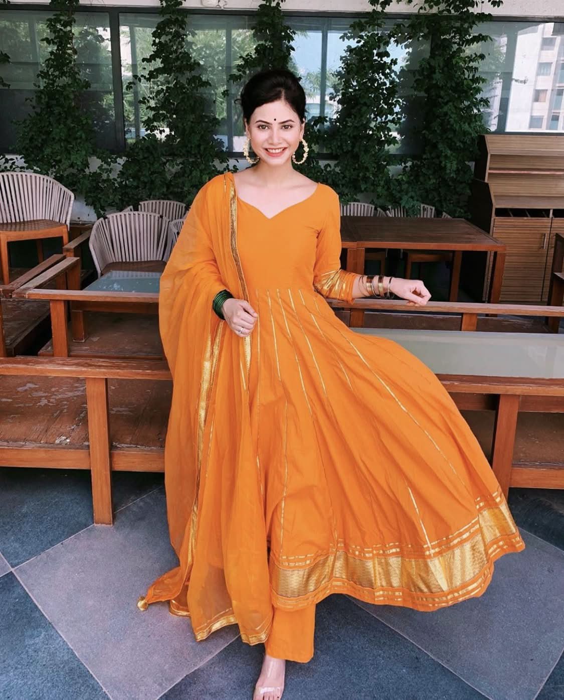 Women's Golden Orange Gotapatti Anarkali Set