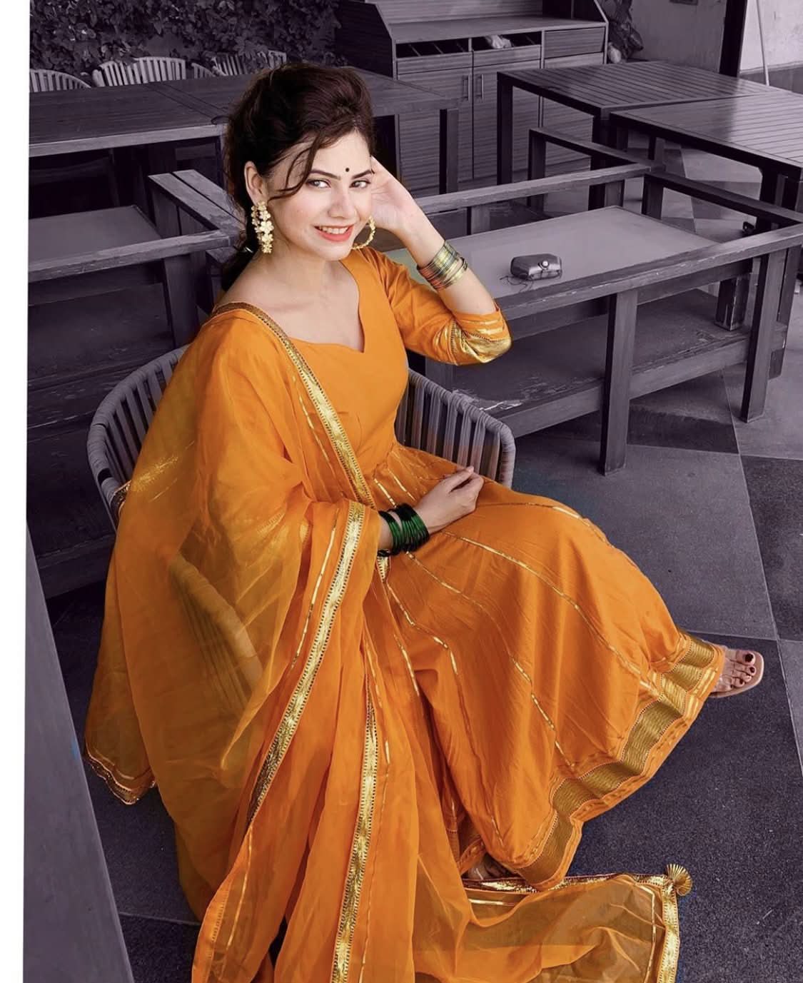 Women's Golden Orange Gotapatti Anarkali Set