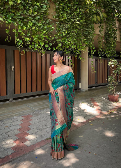 Women's Teal Blue Titli Royal Paithani Silk Zari Woven Saree