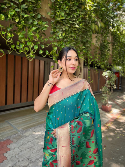 Women's Teal Blue Titli Royal Paithani Silk Zari Woven Saree