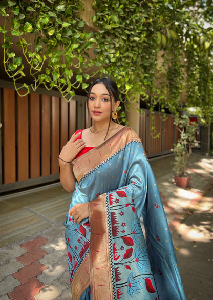 Women's Pastel Blue Titli Royal Paithani Silk Zari Woven Saree