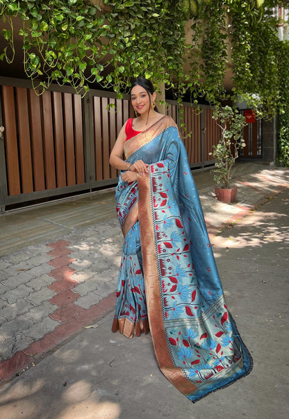Women's Pastel Blue Titli Royal Paithani Silk Zari Woven Saree