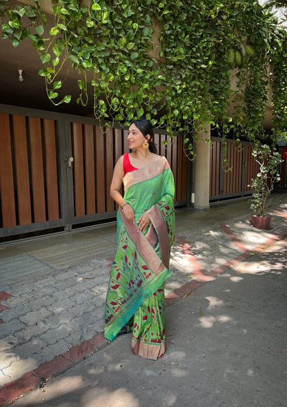 Women's Olive Green Titli Royal Paithani Silk Zari Woven Saree