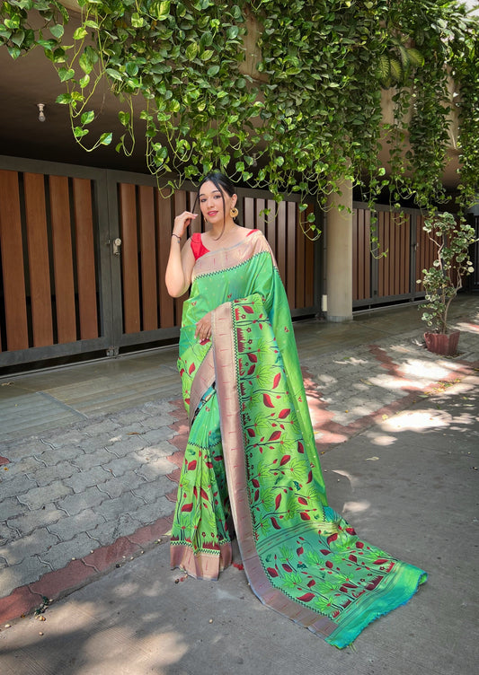 Women's Olive Green Titli Royal Paithani Silk Zari Woven Saree