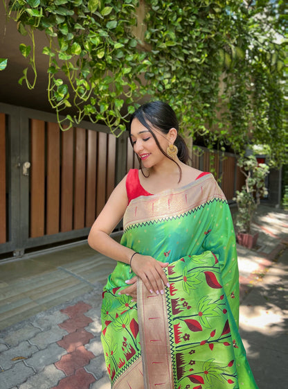 Women's Olive Green Titli Royal Paithani Silk Zari Woven Saree