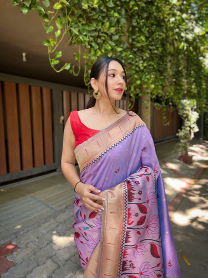 Women's Lavender Titli Royal Paithani Silk Zari Woven Saree