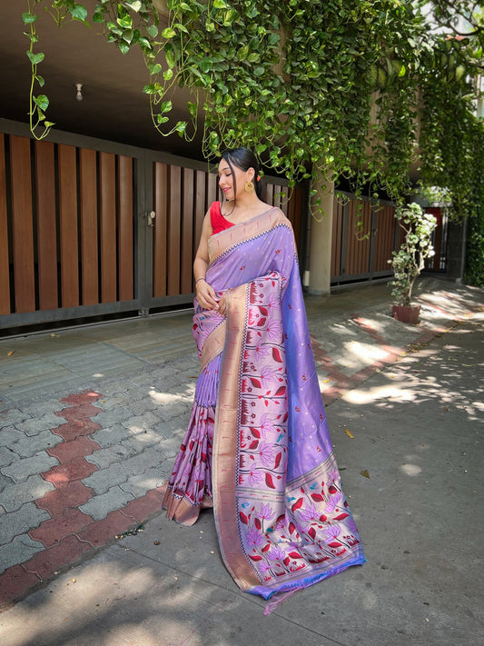 Women's Lavender Titli Royal Paithani Silk Zari Woven Saree