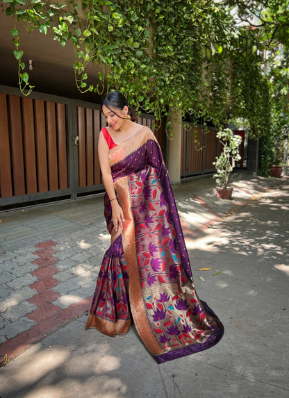 Women's Magenta Wine Titli Royal Paithani Silk Zari Woven Saree