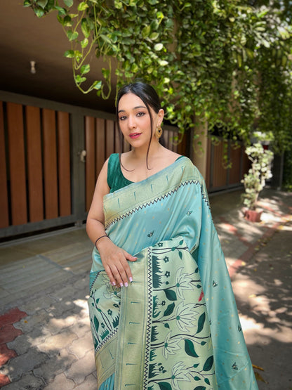 Women's Cloudy Blue Titli Royal Paithani Silk Zari Woven Saree