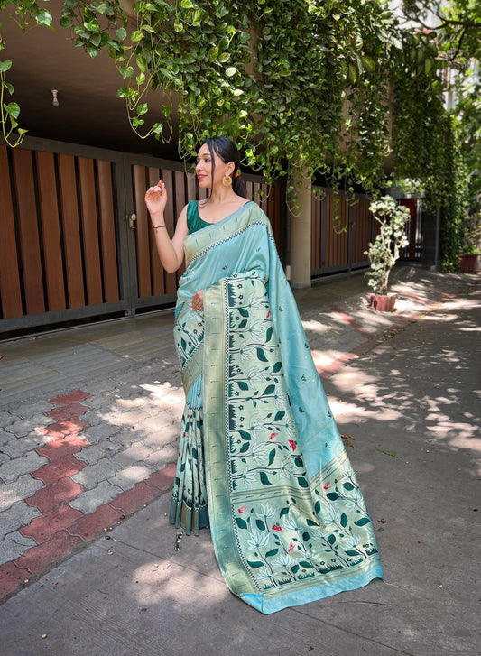 Women's Cloudy Blue Titli Royal Paithani Silk Zari Woven Saree