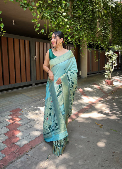 Women's Cloudy Blue Titli Royal Paithani Silk Zari Woven Saree
