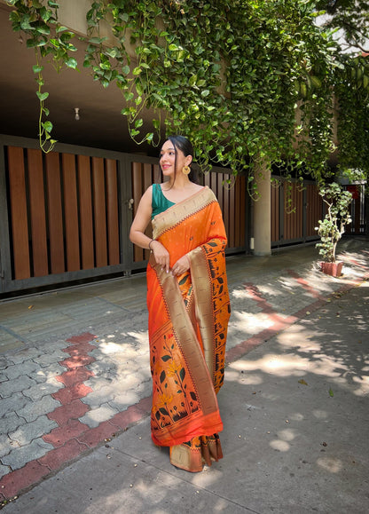 Women's Orange Titli Royal Paithani Silk Zari Woven Saree