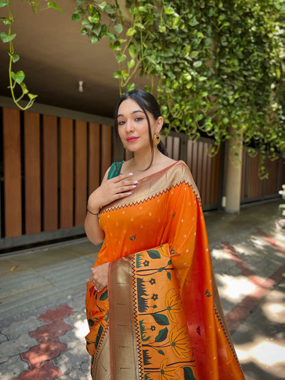 Women's Orange Titli Royal Paithani Silk Zari Woven Saree