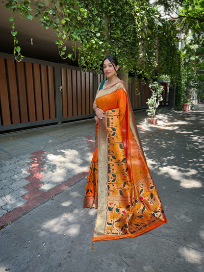 Women's Orange Titli Royal Paithani Silk Zari Woven Saree