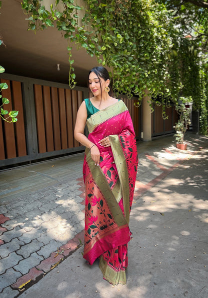 Women's Pink Titli Royal Paithani Silk Zari Woven Saree