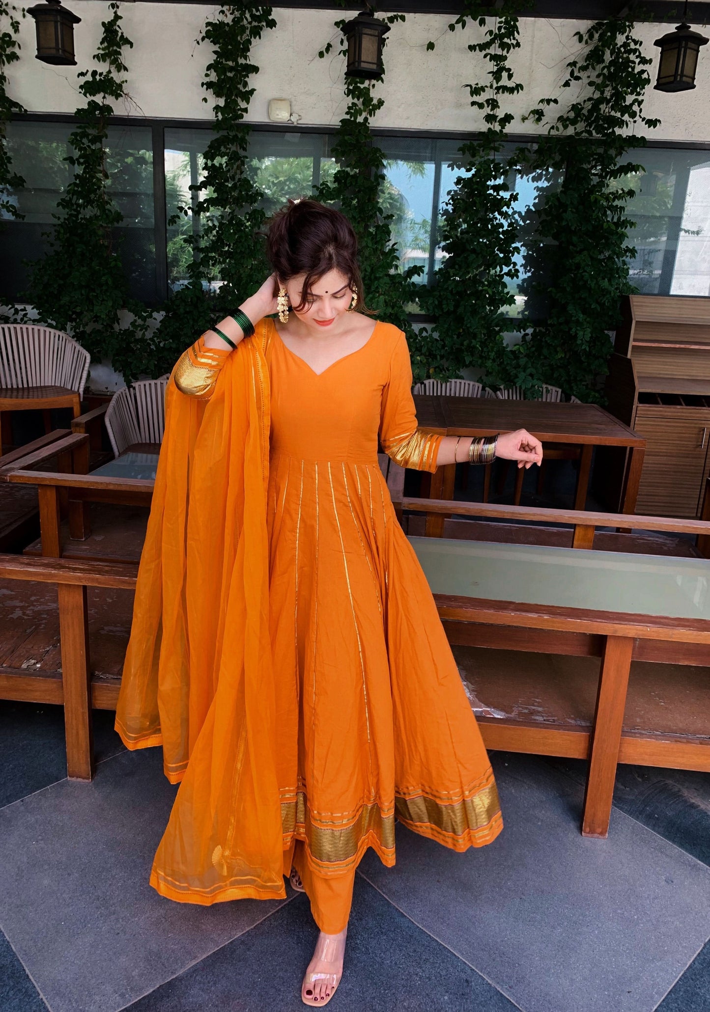 Women's Golden Orange Gotapatti Anarkali Set