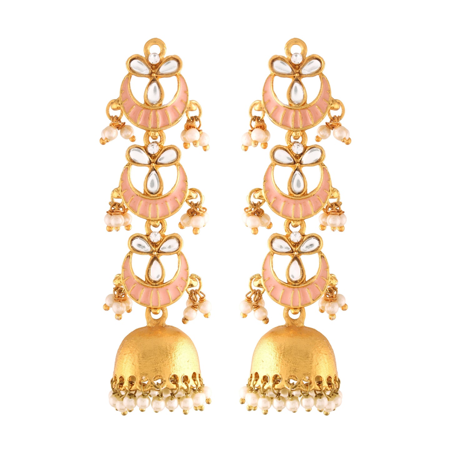 Women's  Gold Plated 3 Layered Long Jhumki Earrings With Pink Enamel Glided With Kundans & Pearls