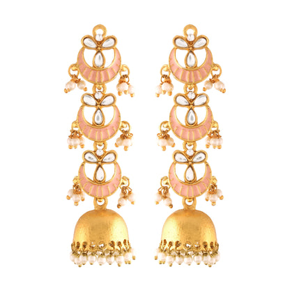 Women's  Gold Plated 3 Layered Long Jhumki Earrings With Pink Enamel Glided With Kundans & Pearls