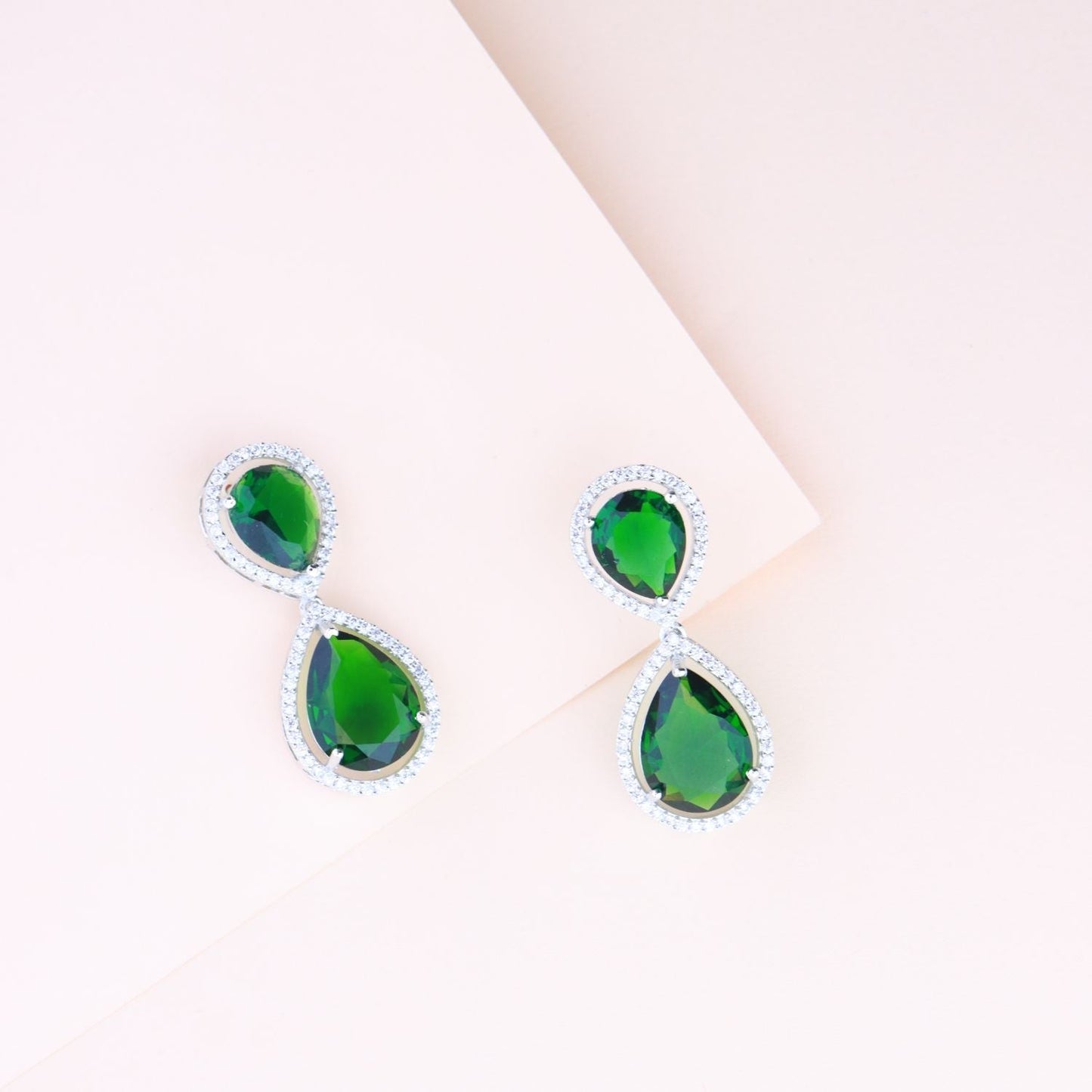 Women's 18K Silver Plated Green Cz & American Diamond Stone Studded Beautiful Earrings