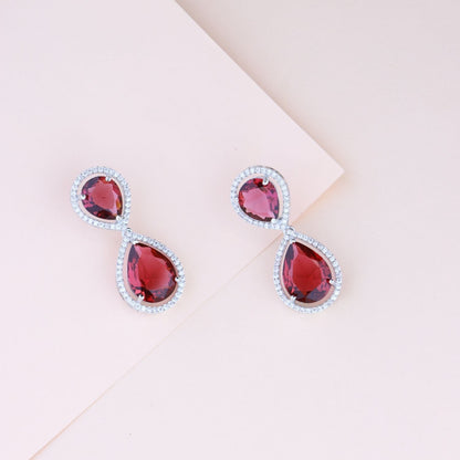 Women's 18K Silver Plated Red Cz & American Diamond Stone Studded Beautiful Earrings
