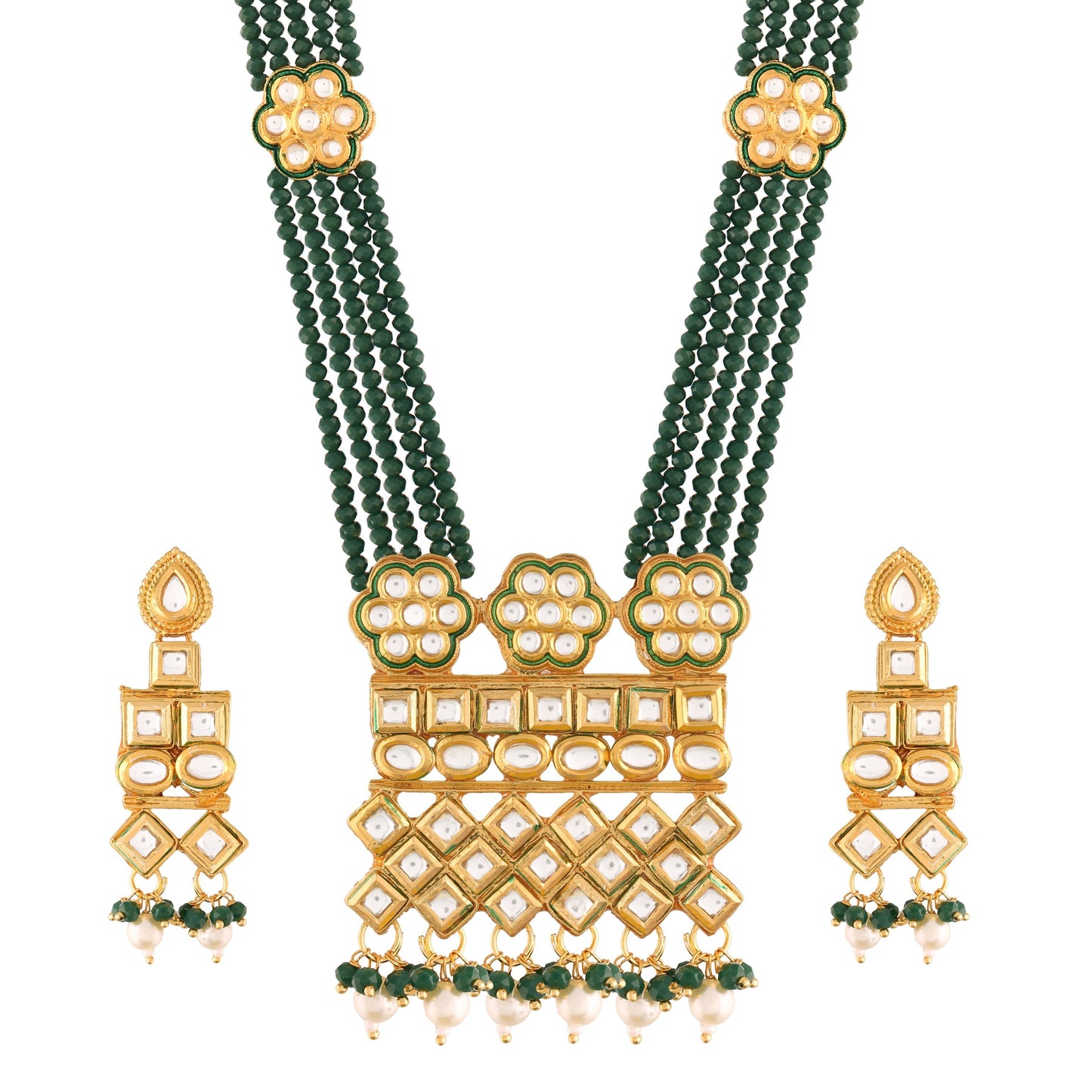Women's Gold Plated Polki Kundan Brass Necklace Set With Earrings Emerald Crystal Onyx Long Mala