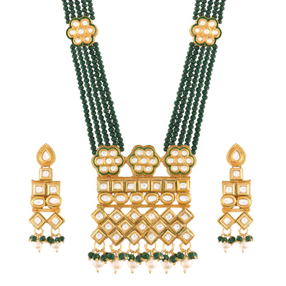 Women's Gold Plated Polki Kundan Brass Necklace Set With Earrings Emerald Crystal Onyx Long Mala