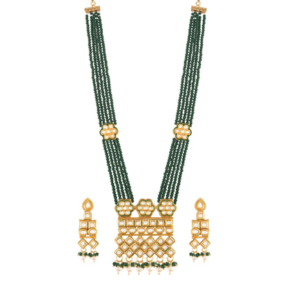 Women's Gold Plated Polki Kundan Brass Necklace Set With Earrings Emerald Crystal Onyx Long Mala