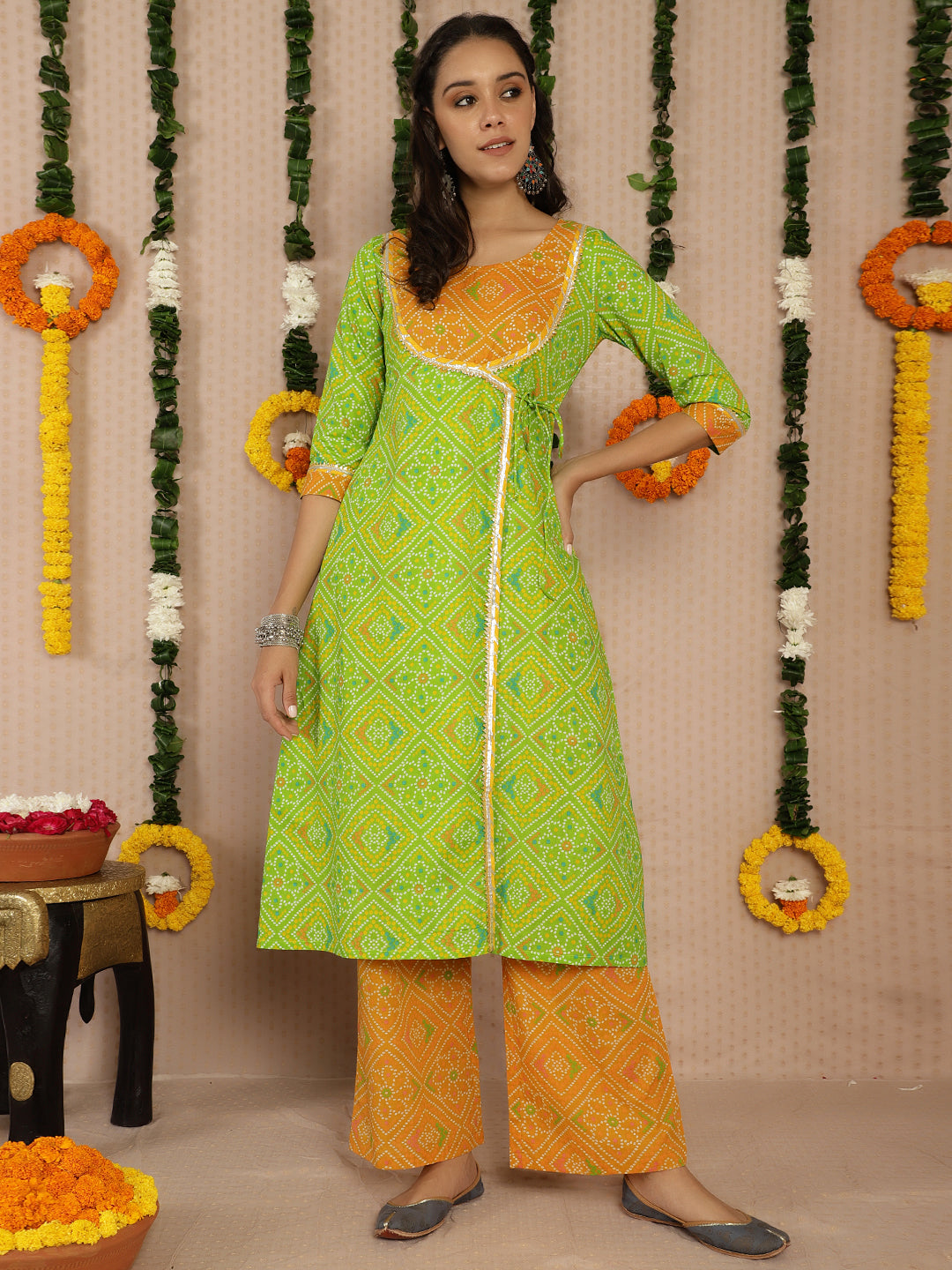 Women's Green Bandhani Print A-Line Kurta With Palazzo