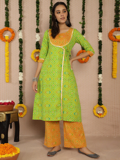 Women's Green Bandhani Print A-Line Kurta With Palazzo
