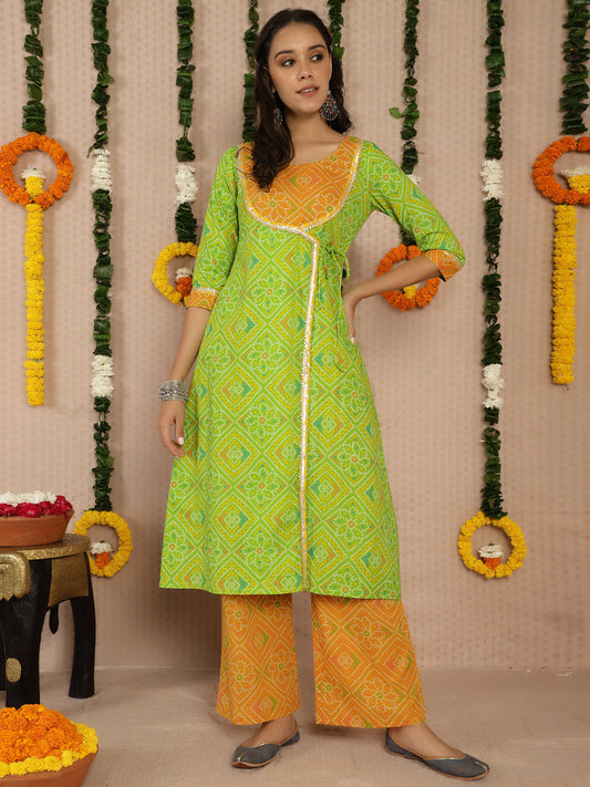 Women's Green Bandhani Print A-Line Kurta With Palazzo