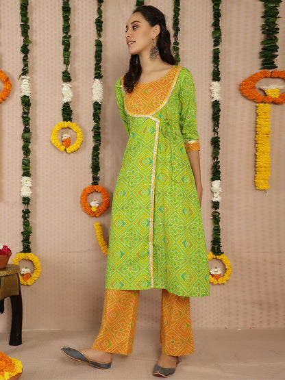 Women's Green Bandhani Print A-Line Kurta With Palazzo