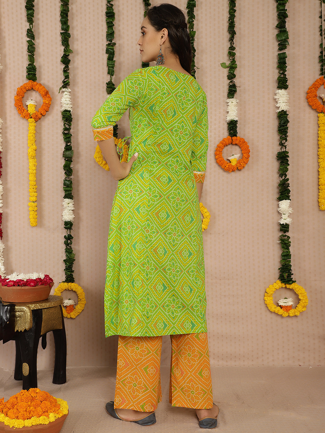 Women's Green Bandhani Print A-Line Kurta With Palazzo