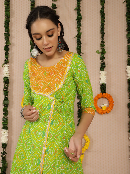 Women's Green Bandhani Print A-Line Kurta With Palazzo