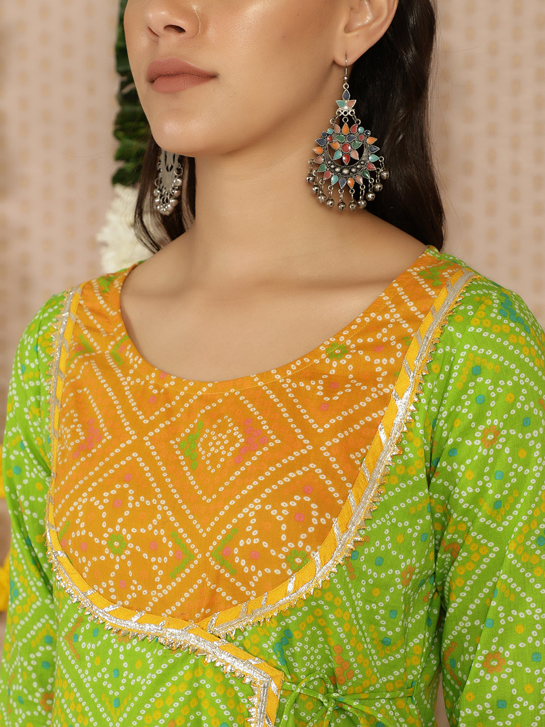 Women's Green Bandhani Print A-Line Kurta With Palazzo
