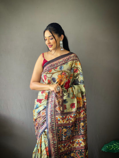 Women's Cotton Kalamkari Printed Saree Olive Green
