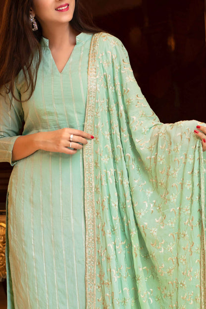 Women's Pista Green Kurta Set With Chinon Heavy Zari Work Dupatta (3pcs Set)