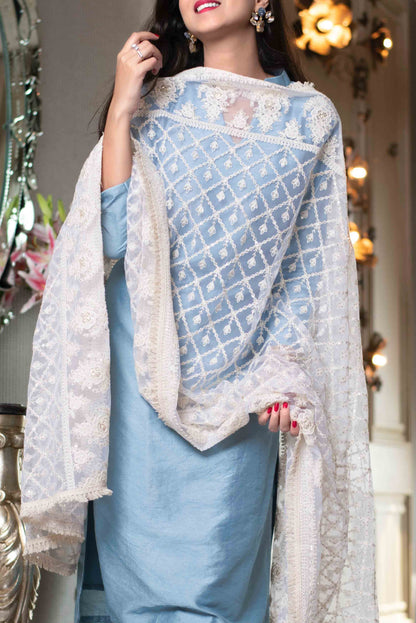 Women's White Thread Work Dupatta With Kurta Set