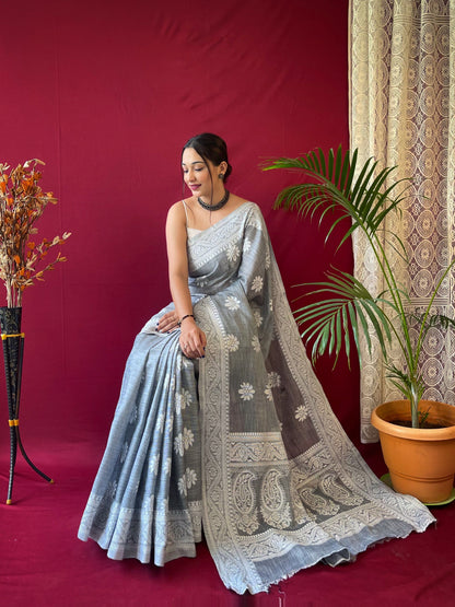 Women's Linen Lucknowi Woven Saree Grey