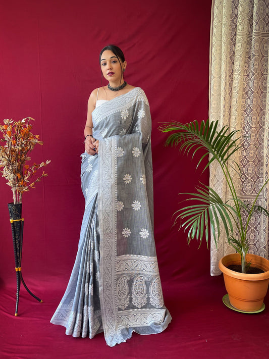 Women's Linen Lucknowi Woven Saree Grey