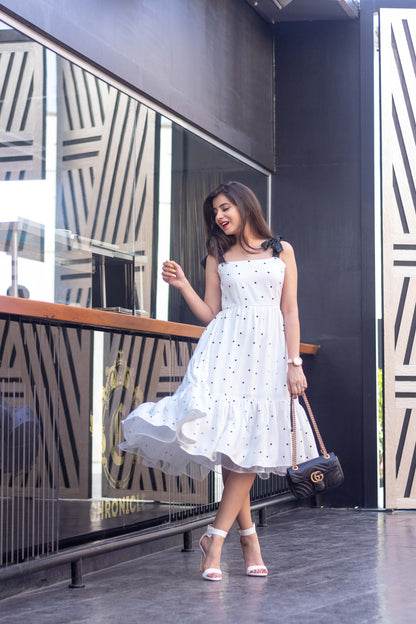 Women's White Polka Dot Long Dress (1pc set)